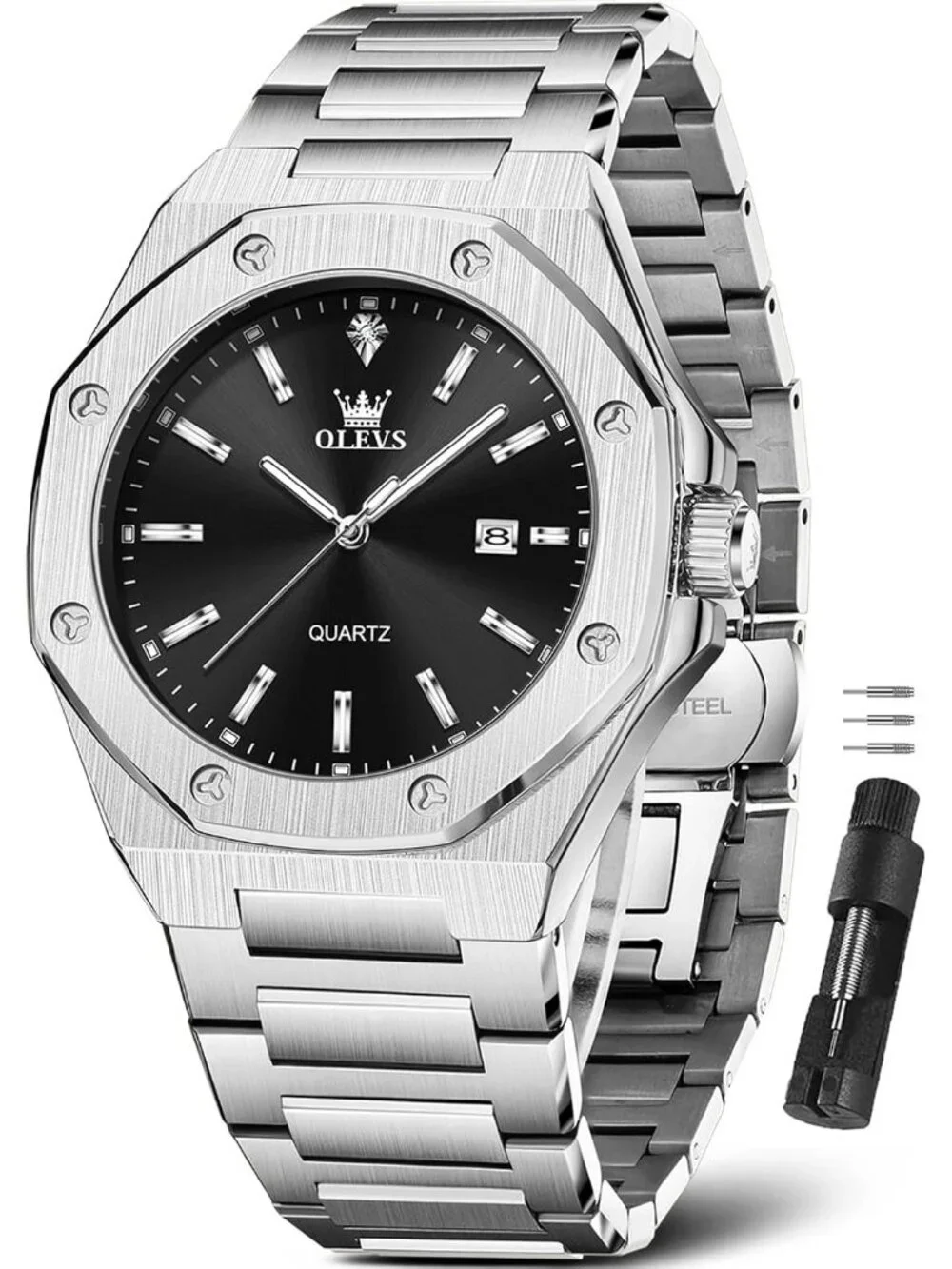 Men's Silver/Black Luxury Octagon Stainless Steel Waterproof Dress Wrist Watch